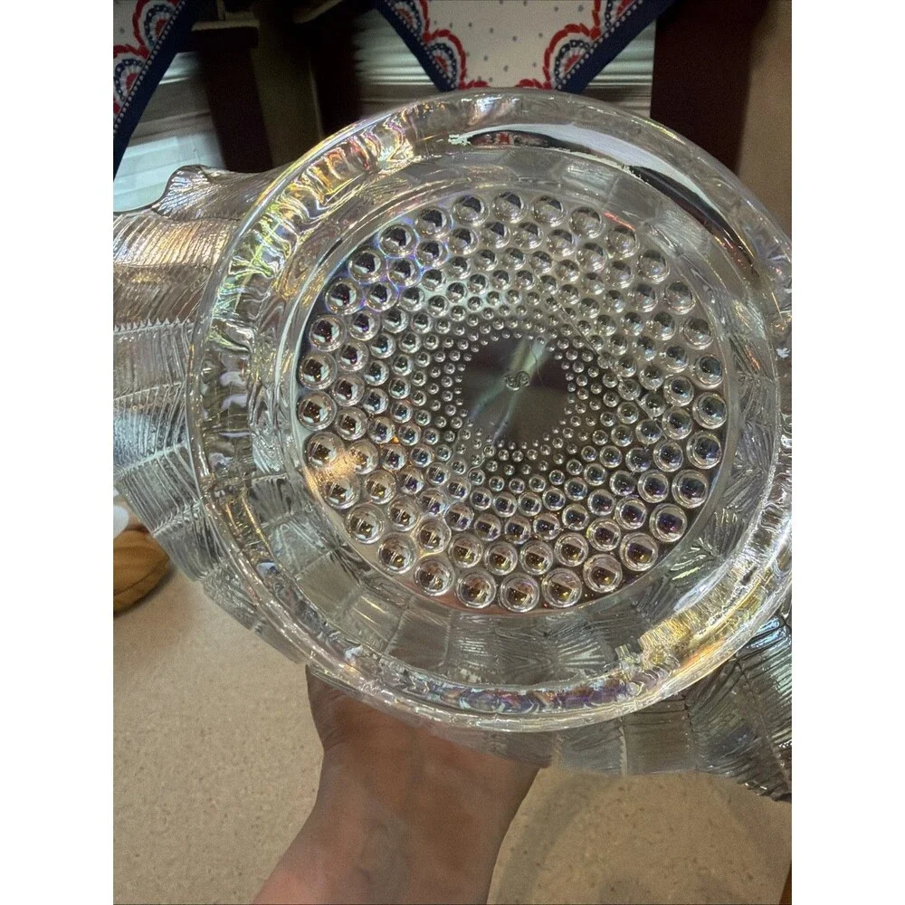 LE Smith Clear Glass Feather Pattern Basket Scalloped Edge Applied Handle. 13.5”
